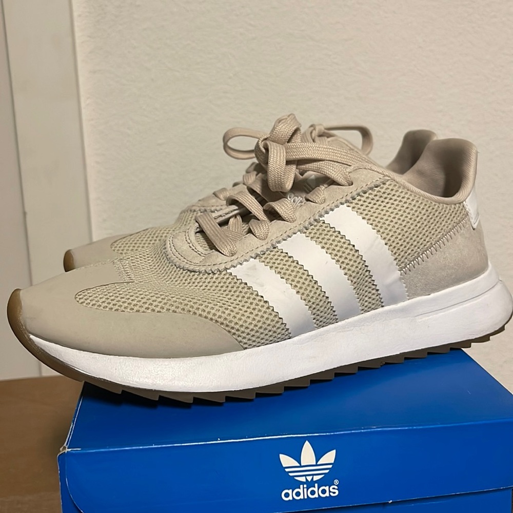 Gently worn Adidas FLB runners in tan/white size 6.5